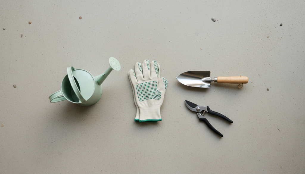 Minimal flat lay of basic gardening tools including gloves, hand trowel, pruners, and watering can on a neutral outdoor surface, soft natural light, clean and calm aesthetic, photorealistic, no text