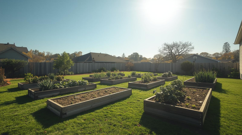 Backyard garden with raised beds positioned in direct sunlight, clear shadows showing sun direction, open sky, visible surrounding yard, realistic home garden environment, clean and organized, photorealistic, no people, no text