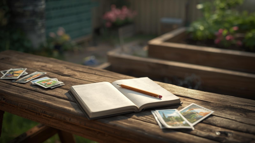 Garden planning scene with a notebook and pencil resting on a wooden potting bench, raised garden beds visible in the background, seed packets nearby, soft natural light, calm and thoughtful atmosphere, photorealistic, no people, no text