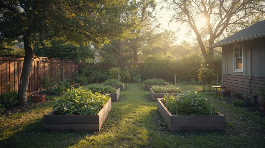 Peaceful backyard garden scene with raised beds at rest, soft late-afternoon light, open sky, calm and intentional home garden atmosphere, simple and grounded composition, photorealistic, no people, no text