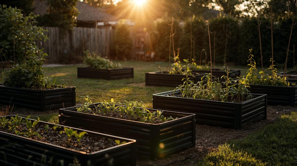 Simple raised garden beds arranged in a practical backyard layout with early growth