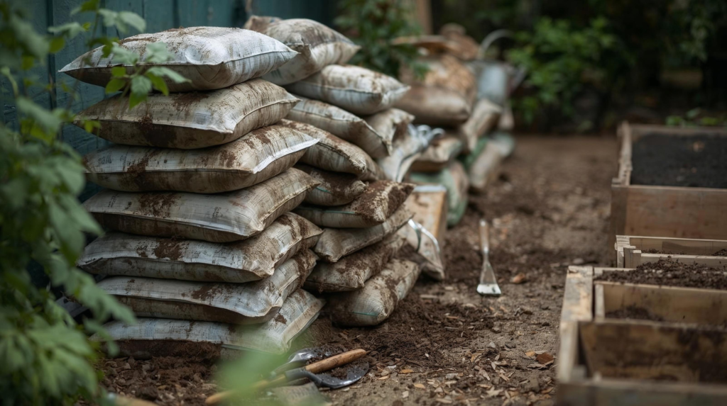 Stacked bags of garden soil next to unfinished raised beds during garden setup